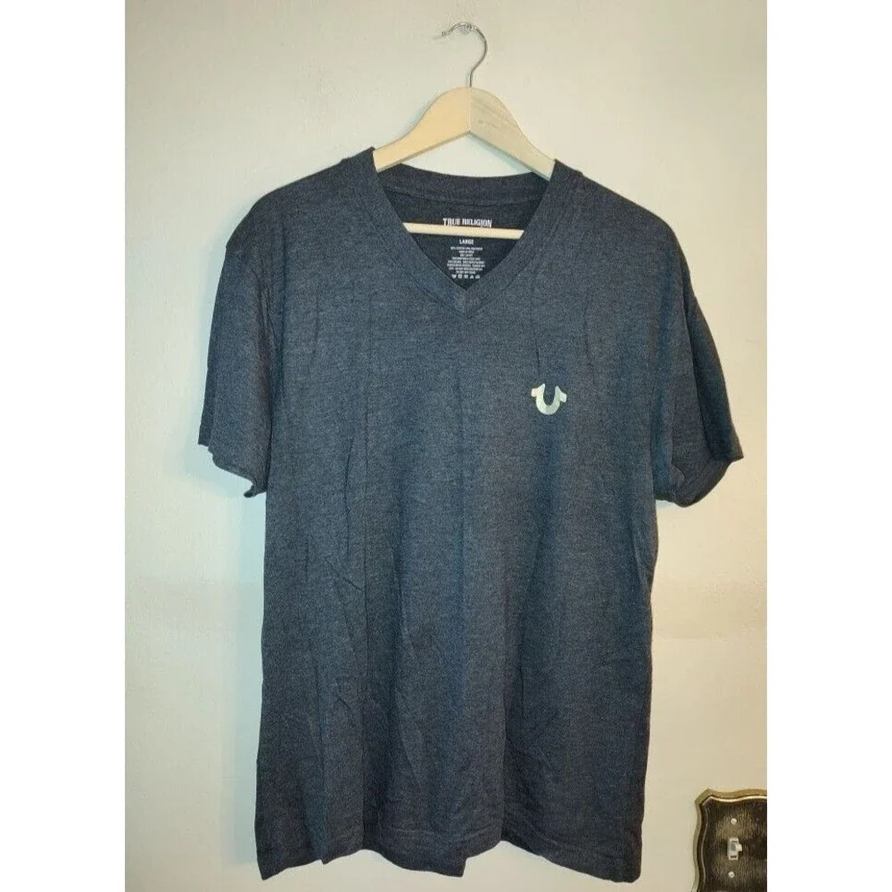 Men's True Religion Gold Horseshoe Logo V Neck Grey T-Shirt Size L
